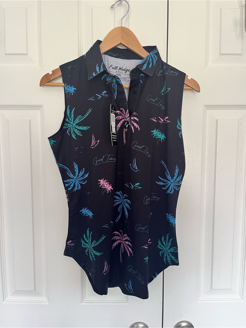 Women's Sleeveless Polo Tank Top - Black with Teal & Pink Palm Print